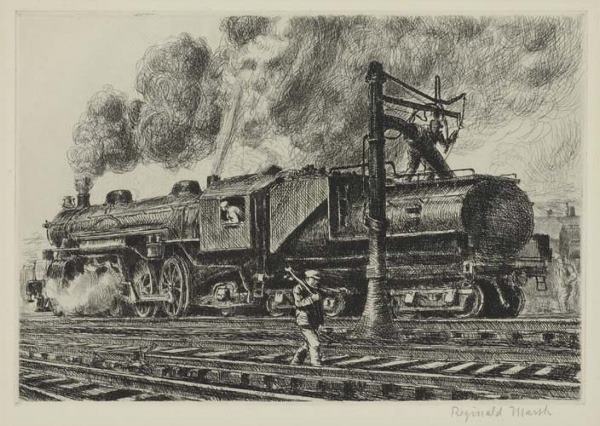 REGINALD MARSH Loco-Erie Watering.: REGINALD MARSH Loco-Erie Watering. Etching, 1929. 178x253 mm; 6 7/8x10 inches, full margins. Edition of approximately 50-100. Signed in pencil, lower right. Printed by Friends of American Art. A very