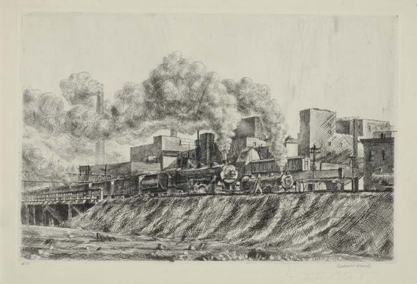 REGINALD MARSH Erie R. R. and Factories.: REGINALD MARSH Erie R. R. and Factories. Etching, engraving and drypoint, 1930. 203x304 mm; 8x12 inches, wide margins. Sixth state (of 6). Edition of approximately 50. Signed and numbered "10" in penc