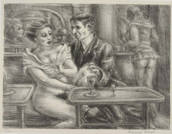 REGINALD MARSH Courtship.: REGINALD MARSH Courtship. Lithograph on chine-appliqué, 1932. 190x245 mm; 7 5/8x9 3/4 inches, full margins. Signed and numbered 5/22 in pencil, lower margin. A very good impression of this scarce, ea