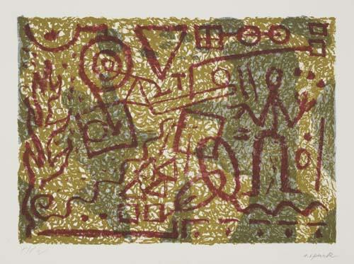 A. R. PENCK Untitled.: A. R. PENCK Untitled. Color lithograph on Arches, 1983. 610x850 mm; 24x33 1/2 inches, full margins. Printer's proof, aside from the edition of 50. Signed, inscribed "P.P." and numbered 2 in pencil, lo