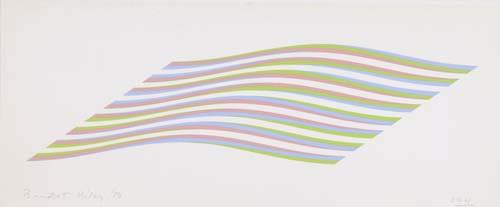 BRIDGET RILEY Waves.: BRIDGET RILEY Waves. Color screenprint, 1975. 200x480 mm; 7 7/8x18 7/8 inches, full margins. Signed, dated and numbered 224/400 in pencil, lower margin. Printed by Graham Henderson, London. Published