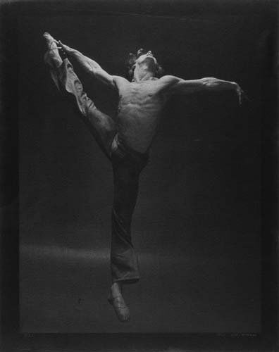 WALDMAN, MAX (1919-1981) "Mikhail Baryshnikov: WALDMAN, MAX (1919-1981) "Mikhail Baryshnikov in 'Le Jeune Homme et la Mort.'" Silver print, 17 3/4x13 1/2 inches (45.1x34.3 cm.), with Waldman's signature and edition notations "3/25," in silver ink,