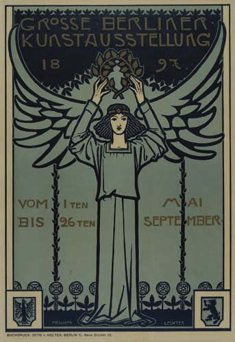 Poster, MELCHIOR LECHTER (1865-1937). GROSSE B: MELCHIOR LECHTER (1865-1937). GROSSE BERLINER KUNSTAUSSTELLUNG. Circa 1897. 27 1/2x18 3/4 inches. Otto v. Holten, Berlin. Condition A-: discoloration in margins. Paper. Like most artists of h