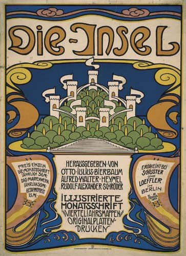Poster, EMIL RUDOLPH WEISS (1875-1942). DIE-IN: EMIL RUDOLPH WEISS (1875-1942). DIE-INSEL. Circa 1899. 33 1/4x24 1/4 inches. Kunstdruckerei Kunstlerbund Karlsruhe. Condition B+: loss in upper left corner; foxing in margins and image; tears in marg