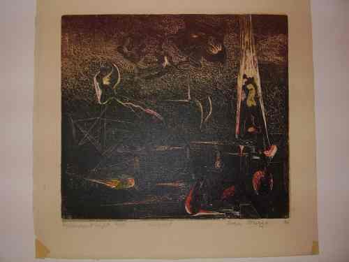 BORIS MARGO Malevolent Night.: BORIS MARGO Malevolent Night. Color cellocut, 1934. 220x245 mm; 8 5/8x9 5/8 inches, full margins. Signed, dated, titled, inscribed "cellocut" and numbered 16/35 in pencil, lower margin. A good impress