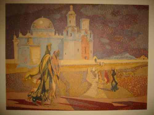 MILLARD SHEETS Evening, San Xavier.: MILLARD SHEETS Evening, San Xavier. Color screenprint. 560x760 mm; 22x30 inches, full margins. Signed in pencil, lower left. 3/4-inch loss and 1-inch crease at the lower left corner. A good impression