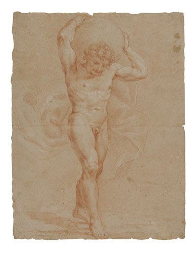 ANNIBALE CARRACCI (CIRCLE OF) (Bologna 1560-16: ANNIBALE CARRACCI (CIRCLE OF) (Bologna 1560-1609 Rome) Atlas Figure. Red chalk with white heightening on tan laid paper. 562x435 mm; 22 1/8x17 1/8 inches. All items are offered for sale subje