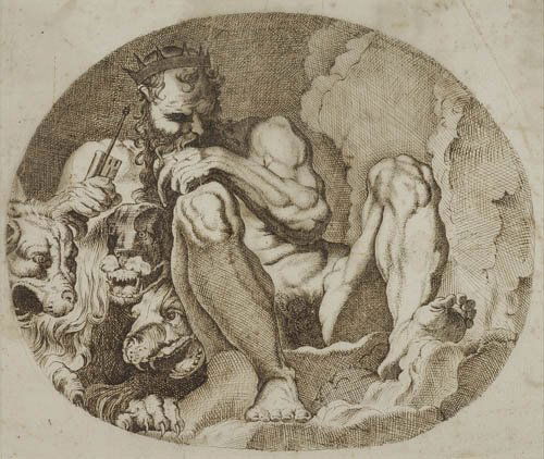 ANNIBALE CARRACCI (CIRCLE OF) (Bologna 1560-16: ANNIBALE CARRACCI (CIRCLE OF) (Bologna 1560-1609 Rome) Pluto. Pen and brown ink on cream laid paper. 215x255 mm; 8 1/2x10 inches. Based on an oil painting by Carracci now in the Galleria Estense, Mode