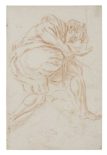 ANNIBALE CARRACCI (FOLLOWER OF) (Bologna 1560-: ANNIBALE CARRACCI (FOLLOWER OF) (Bologna 1560-1609 Rome) Two drawings. Study of a Male Figure seen from behind * St. Sebastian Bound to a Tree. Both red chalk on cream laid paper. Both approximate