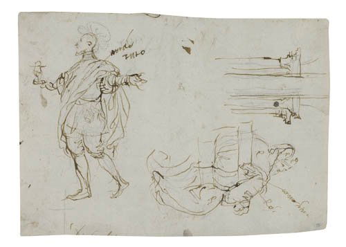 ALESSANDRO MAGANZA (Vicenza 1556-1630 Vicenza): ALESSANDRO MAGANZA (Vicenza 1556-1630 Vicenza) Fugure Studies. Pen and brown ink and pencil on cream laid paper. 193x140 mm; 7 5/8x5 1/2 inches. With color notes in ink; one of the figures pricked for