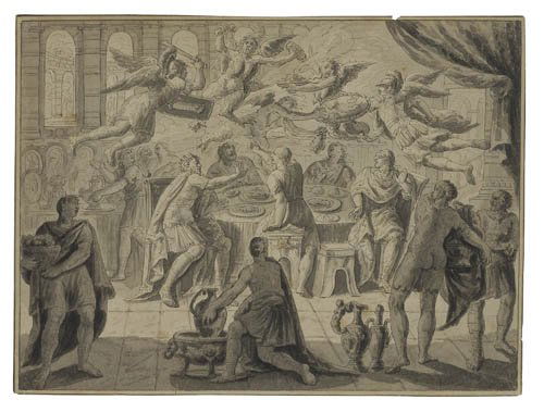 FRANÇOIS BOITARD (Paris 1670-1715 Paris) An Al: FRANÇOIS BOITARD (Paris 1670-1715 Paris) An Allegorical Scene with Angels and Devils Fighting above a Nobleman's Dining Table. Pen and black ink and gray wash on cream laid paper. 170x226 mm; 6 3/4x9