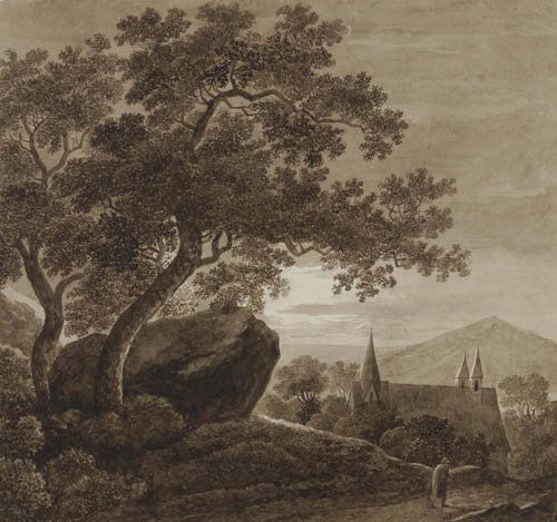 CHRISTOPH NATHE (CIRCLE OF) (Niederbielau 1750: CHRISTOPH NATHE (CIRCLE OF) (Niederbielau 1750-1806 Schadewalden) A Moonlit Landscape with a Traveler on a Path Nearing a Village. Brush and brown ink on cream wove paper. 345x375 mm; 13 5/8x14 7/8 in
