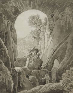 JACOB WILHELM MECHAU (Leipzig 1745-1808 Dresde: JACOB WILHELM MECHAU (Leipzig 1745-1808 Dresden) The Latomia dei Cappuccini at Acradina. Brush and brownish gray ink and wash over black chalk on cream laid paper, 1797. 415x336 mm; 16 3/8x13 1/4 inch