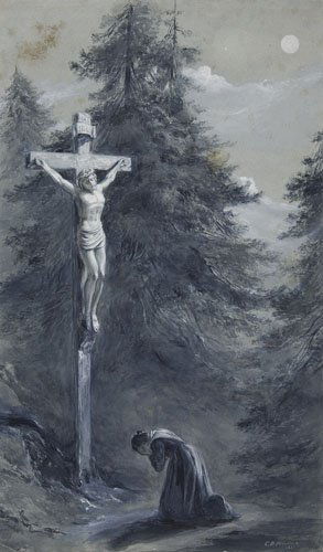 CASPAR DAVID FRIEDRICH (ATTRIBUTED TO) (Greifs: CASPAR DAVID FRIEDRICH (ATTRIBUTED TO) (Greifswald 1774-1840 Dresden) A Woman Kneeling before an Ex-Voto on a Forest Path. Brush and blue and green ink and wash with white heightening on cream wove pa