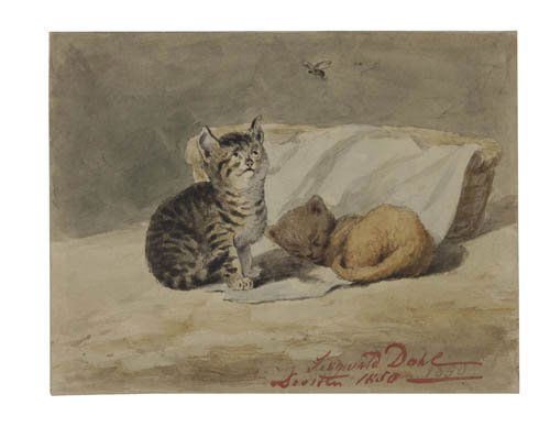 SIEGWALD JOHANNES DAHL (Dresden 1827-1902 Dres: SIEGWALD JOHANNES DAHL (Dresden 1827-1902 Dresden) Two Kittens. Watercolor over pencil on wove paper, 1850. 113x138 mm; 4 1/2x5 3/8 inches. Signed and dated twice in black and red inks, lower right re