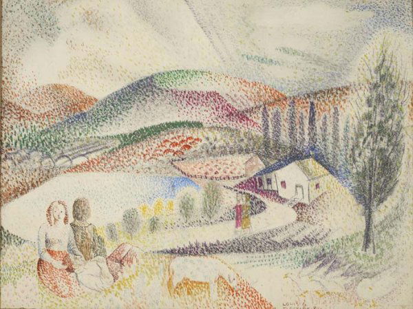 AMERICAN DRAWINGS Group of 5 drawings.: AMERICAN DRAWINGS Group of 5 drawings. MAX WEBER. Landscape with a Church, watercolor. With a landscape study in pencil, verso. Ex-collection Alfred Stieglitz, according to an inscription on the mount