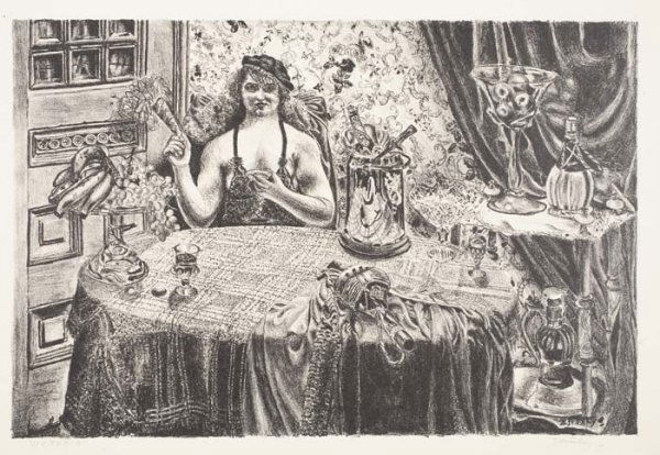 AMERICAN PRINTMAKERS Group of 5 prints.: AMERICAN PRINTMAKERS Group of 5 prints. CHARLES LOCKE. At the Century Club, lithograph, circa 1930. Signed in pencil, lower right * BERNARD PERLIN. Picasso First Night, etching, 1939. Edition of appr