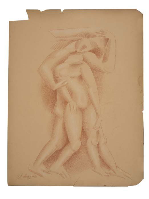 ALEXANDER ARCHIPENKO Couple.: ALEXANDER ARCHIPENKO Couple. Red crayon on light tan card stock. 630x475 mm; 24 7/8x18 3/4 inches. Signed in crayon, lower left recto. Scattered edge tears and losses, outside the image. All ite