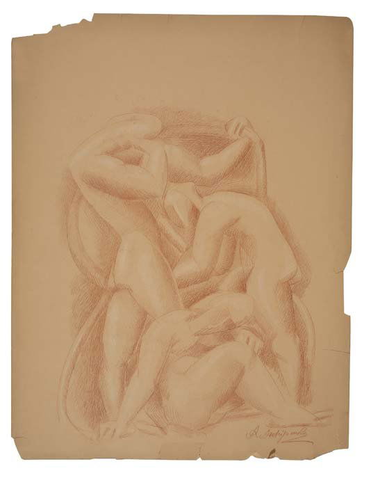 ALEXANDER ARCHIPENKO Laocoön.: ALEXANDER ARCHIPENKO Laocoön. Red crayon on light tan card stock. 630x480 mm; 24 7/8x19 inches. Signed in red crayon, lower right recto. Scattered edge tears and losses, outside the image. All i