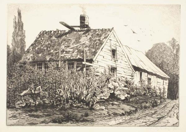 JOHN TAYLOR ARMS Group of 4 etchings.: JOHN TAYLOR ARMS Group of 4 etchings. The Trapper's Home, 1920. Edition of 75. Signed in pencil, lower right * Shrubs and Shingles, 1920. Editon of 3 (from an intended edition of 75). Signed, dated a
