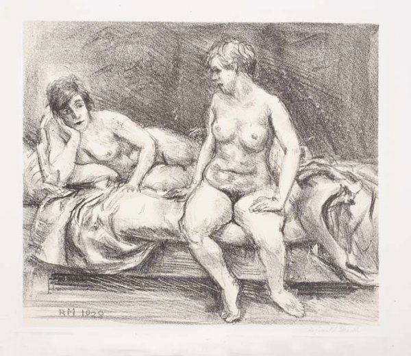 REGINALD MARSH Two Models on a Bed.: REGINALD MARSH Two Models on a Bed. Lithograph on chine-appliqué, 1928. 228x266 mm; 9x10 1/2 inches, full margins. Edition of approximately only 15. Signed and inscribed "15 proofs" in pencil, lower
