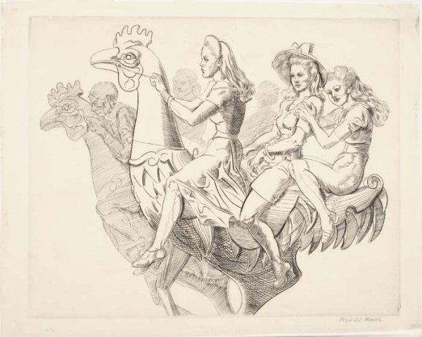 REGINALD MARSH Three Girls on a Chicken.: REGINALD MARSH Three Girls on a Chicken. Engraving on cream wove paper, 1941. 203x254 mm; 8x10 inches, 1/2- to 3/4-inch (full ?) margins. Edition of approximately 20. Signed in pencil, lower right. A