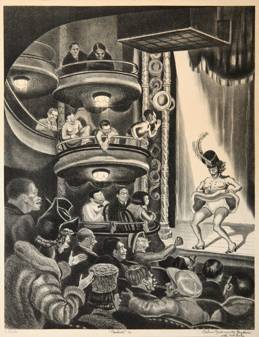 BERTRAM GOODMAN Burlesque.: BERTRAM GOODMAN Burlesque. Lithograph, 1941. 375x290 mm; 14 3/4x11 3/8 inches, wide margins. Edition of 20. Signed, titled, dated, inscribed "20 prints" and dedicated "to Jay Levin with best wishes" i