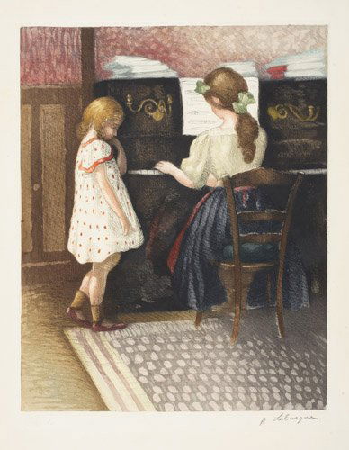 HENRI LEBASQUE La Leçon de piano.: HENRI LEBASQUE La Leçon de piano. Color etching and aquatint, 1909. 400x320 mm; 15 3/4x12 1/2 inches, wide margins. Edition of 200. Signed and numbered "10" in pencil, lower margin. Published by Cerc