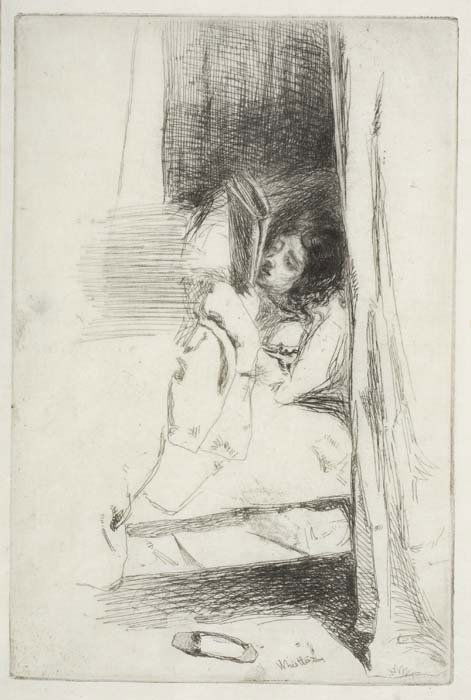 JAMES A. M. WHISTLER Reading in Bed.: JAMES A. M. WHISTLER Reading in Bed. Etching on thin laid Japan paper, circa 1858. 120x80 mm; 4 3/4x3 1/8 inches, wide (full ?) margins. Second state (of 2). A very good impression with crisp, inky pl