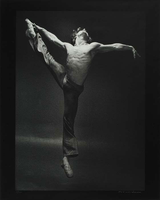 WALDMAN, MAX (1919-1981) "Mikhail Baryshnikov: WALDMAN, MAX (1919-1981) "Mikhail Baryshnikov in 'Le Jeune Homme et la Mort.'" Silver print, 17 3/4x13 inches (45x35.5 cm.), with Waldman's signature and edition notations 3/15 on recto. 1975 All ite
