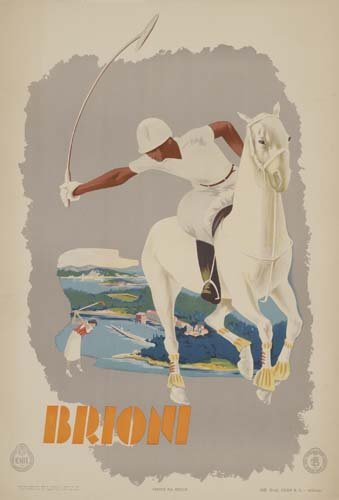Beach Posters. ANONYMOUS BRIONI. 39x27 inches. Coen: ANONYMOUS. BRIONI. 39 1/4x27 inches. Coen & Co., Milan. Condition A-: minor repaired tear and discoloration in margins. A polo player on a white horse and a woman playing golf, with the pink