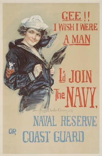 War Posters. HOWARD CHANDLER CHRISTY GEE!! I WISH: HOWARD CHANDLER CHRISTY. GEE!! I WISH I WERE A MAN I'D JOIN THE NAVY. 1918. 41 1/4x27 inches. Condition B+: repaired tears and overpainting in margins. A pretty sailor, the wind blowing her u