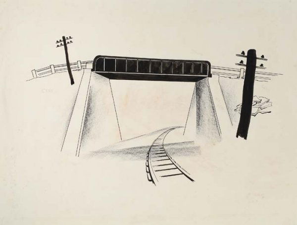 KONRAD CRAMER Railroad Bridge Study.: KONRAD CRAMER Railroad Bridge Study. Brush and ink and crayon on wove paper. 280x480 mm; 11x19 inches. Color notations in brown crayon in the image. With the artist's estate ink stamp verso. All