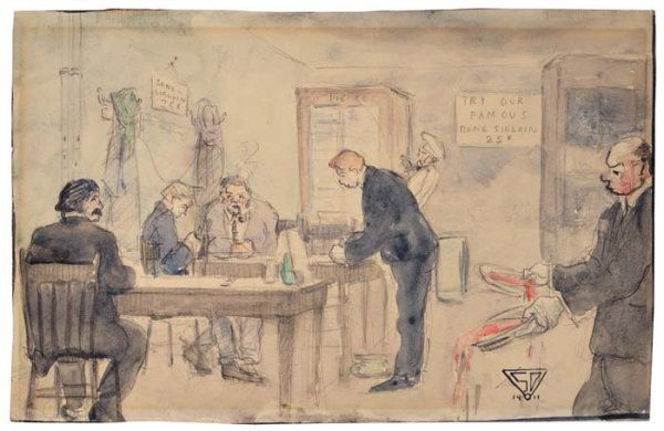STUART DAVIS The Steakhouse.: STUART DAVIS The Steakhouse. Watercolor and pencil on cream wove paper, 1911. 205x335 mm; 8x13 inches. Initialed and dated in ink, lower right recto. Exhibited at the Grand Central Art Galleries, Inc.