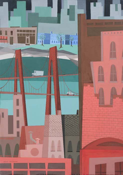 IRENE FRIEDMAN Cityscape.: IRENE FRIEDMAN Cityscape. Gouache on illustration board, circa 1950. 507x362 mm; 20 3/8x14 1/4 inches. Signed in pencil, lower left and countersigned in pencil, lower right. All items are offere