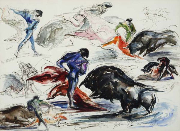 JOHN GROTH Plaza de Toros, Sevilla.: JOHN GROTH Plaza de Toros, Sevilla. Watercolor and pen and ink on thick wove paper, 1969. 540x723 mm; 21 1/4x28 1/2 inches. Signed and dated in ink, lower right. Extensively inscribed in ink (naming e