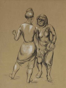 O. LOUIS GUGLIELMI Untitled (Two Women in Cons: O. LOUIS GUGLIELMI Untitled (Two Women in Conservation). Pen and ink with gouache heightening on green laid paper, circa 1943. 275x195 mm; 10 3/4x7 1/2 inches. Signed in ink, lower right. Time stain.