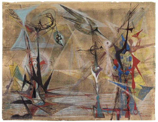 BORIS MARGO Biomorphic Abstract Composition.: BORIS MARGO Biomorphic Abstract Composition. Color monotype with extensive hand-coloring in gouache on soft, fibrous buff Japan paper. 570x747 mm; 22 1/2x29 1/2 inches. Signed in gouache, lower right.