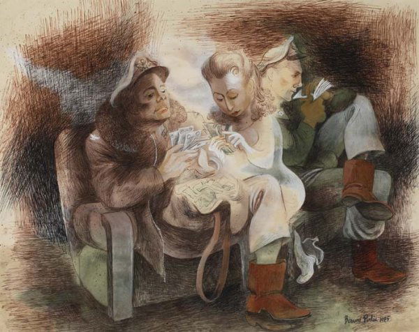 BERNARD PERLIN WWII Airmen Seated with Woman C: BERNARD PERLIN WWII Airmen Seated with Woman Counting Money. Gouache, watercolor and pen and ink on thin cream wove paper, 1945. 370x470 mm; 14 3/4x18 3/4 inches. Signed and dated in ink, lower right.