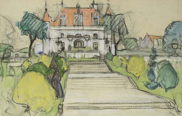 JANE PETERSON European Castle.: JANE PETERSON European Castle. Watercolor, gouache and charcoal on cream, fibrous wove paper. 225x352; 10x13 7/8 inches. All items are offered for sale subject to Swann Galleries' standard terms