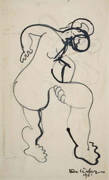 MAX WEBER Figure Study.: MAX WEBER Figure Study. Pen and ink over pencil on thin wove paper mounted on thin cardstock, 1951. 190x110 mm; 7 3/8x4 3/8 inches. Signed and dated in ink, lower right. Ex-collection Associated Ameri