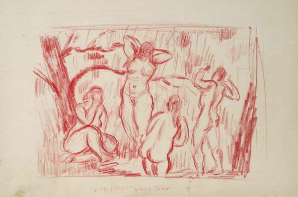 MAX WEBER Little Man What Now.: MAX WEBER Little Man What Now. Pink crayon on cream wove paper, 1959. 240x330mm; 9 1/2x13 inches. Signed and dated in pink crayon, upper right. Titled in pink crayon, lower margin. Possibly a study fo