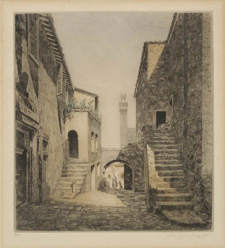 JOHN TAYLOR ARMS An Old Courtyard, Italy: JOHN TAYLOR ARMS An Old Courtyard, Italy. Color etching and aquatint, 1920. 181x130 mm; 7 1/8x5 1/8 inches, full margins. Second state (of 2). Signed, dated and numbered 19/100 in pencil, lower margin