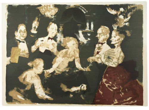 JACK LEVINE Reception in Miami: JACK LEVINE Reception in Miami. Color lithograph on Arches, 1967. 533x717 mm; 21x28 1/4, full margins. Signed and numbered 115/120 in tan crayon, lower margin. A very good impression, with strong colo