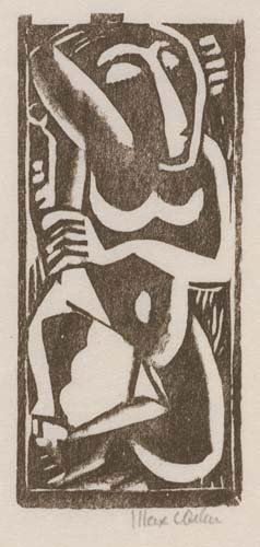 MAX WEBER Nude with Upraised Arm: MAX WEBER Nude with Upraised Arm. Woodcut printed in brown on cream laid Japan paper, 1919-20. 107x48 mm; 4 1/4x2 inches, wide margins. Signed in pencil, lower right. A very good, dark and evenly-prin