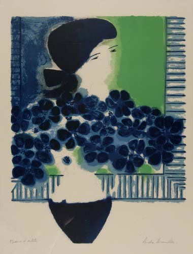 ANDRÉ BRASILIER Chantal aux Anémones: ANDRÉ BRASILIER Chantal aux Anémones. Color lithograph on Arches, 1971. 650x520 mm; 25 1/2x20 1/2 inches, full margins. Artist's proof, aside from the edition of 200. Signed and inscribed "Epreuve d