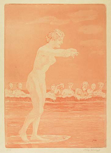 MAX KLINGER Frauenakt: MAX KLINGER Frauenakt. Etching and aquatint printed in orange on Japan paper. 458x300 mm; 17 7/8x11 3/4 inches, wide margins. Signed and numbered "No 96" in pencil, lower margin. A good impression.