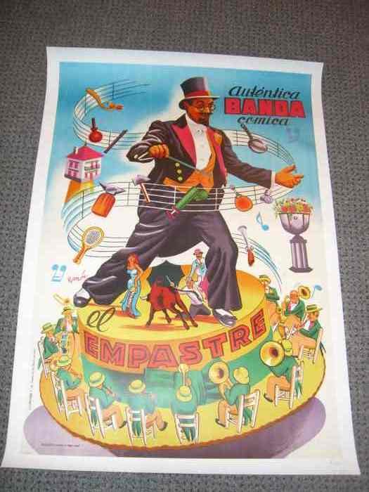 Poster. PRAMOU: PRAMOU. El Empastre, lithographed poster, 1960; 39 1/4x27 inches. Mirabet, Valencia. Condition A. Conductor in black, white and red is standing on a yellow straw hat as musician, performers and object