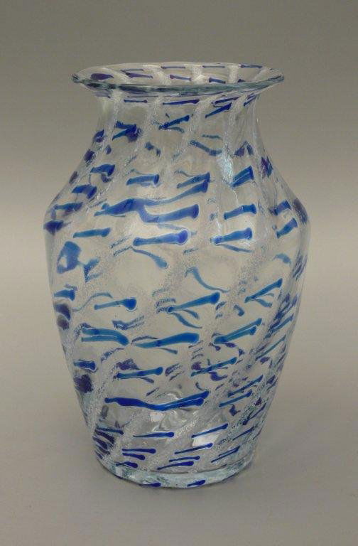 Vase, Loetz Witwe, Klášterský Mlyn: Vase, Loetz Witwe, Klášterský Mlýn, circa 1935 colourless glass, optically blown, painted with white opal and blue glass powder; 7¾ in (20 cm) high