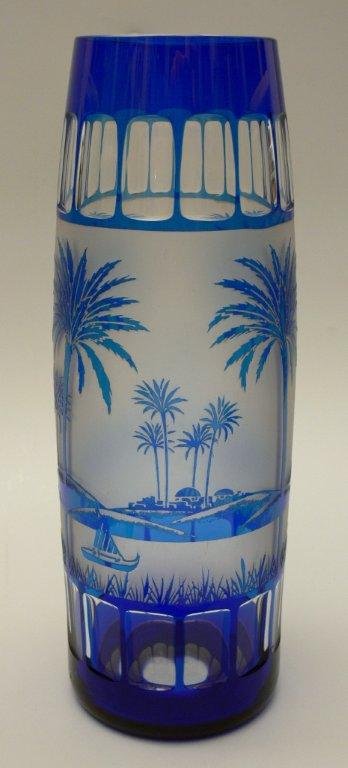 Vase, Wilhelm Kralik, Eleonorenhein, 1920-1925 colour: Vase, Wilhelm Kralik, Eleonorenhein, 1920-1925 colourless glass coated with cobalt glass, partially ground, acid-etched, engraved; decorated with landscape with palm trees 12 in (30.5 cm) high
